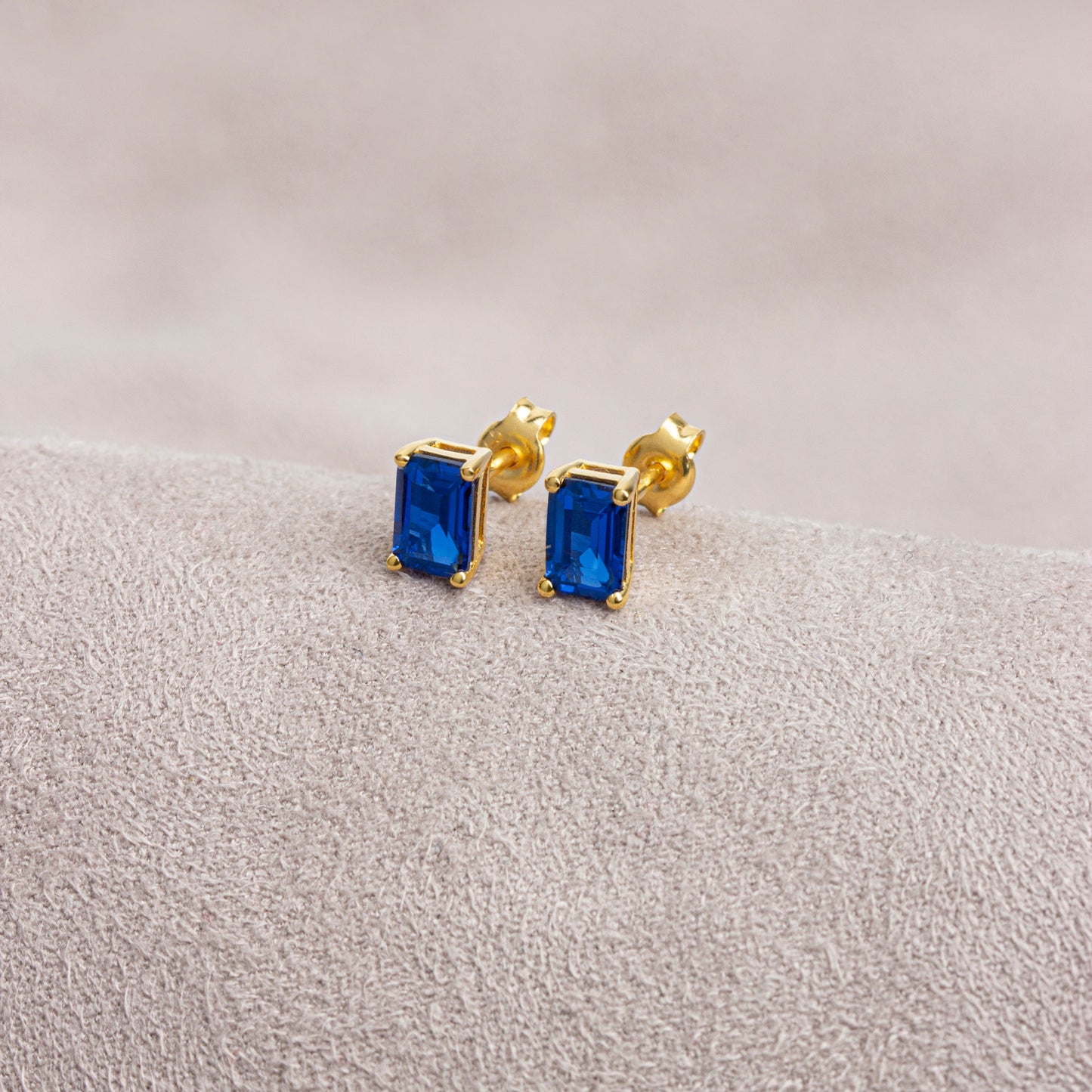 Sapphire Rectangle Stud Earring in 10K/14K Solid Gold, September Birthstone