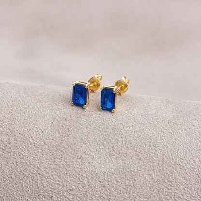 Sapphire Rectangle Stud Earring in 10K/14K Solid Gold, September Birthstone
