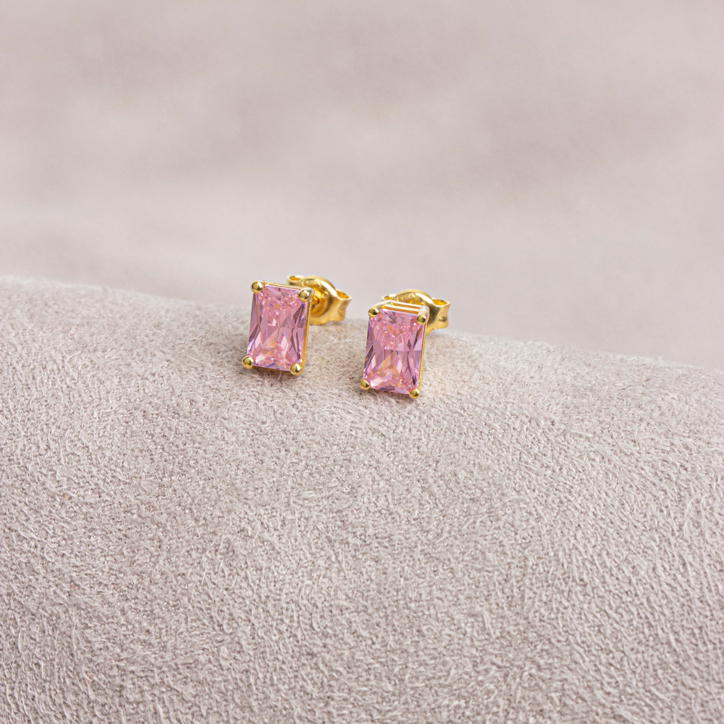 Pink Tourmailine Rectangle Stud Earring in 10K/14K Solid Gold, October Birthstone