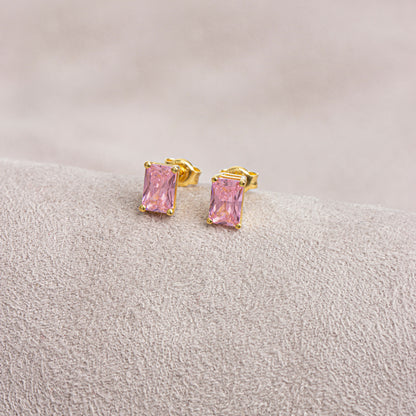 Pink Tourmailine Rectangle Stud Earring in 10K/14K Solid Gold, October Birthstone