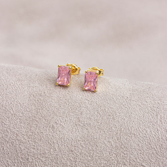 Pink Tourmailine Rectangle Stud Earring in 10K/14K Solid Gold, October Birthstone