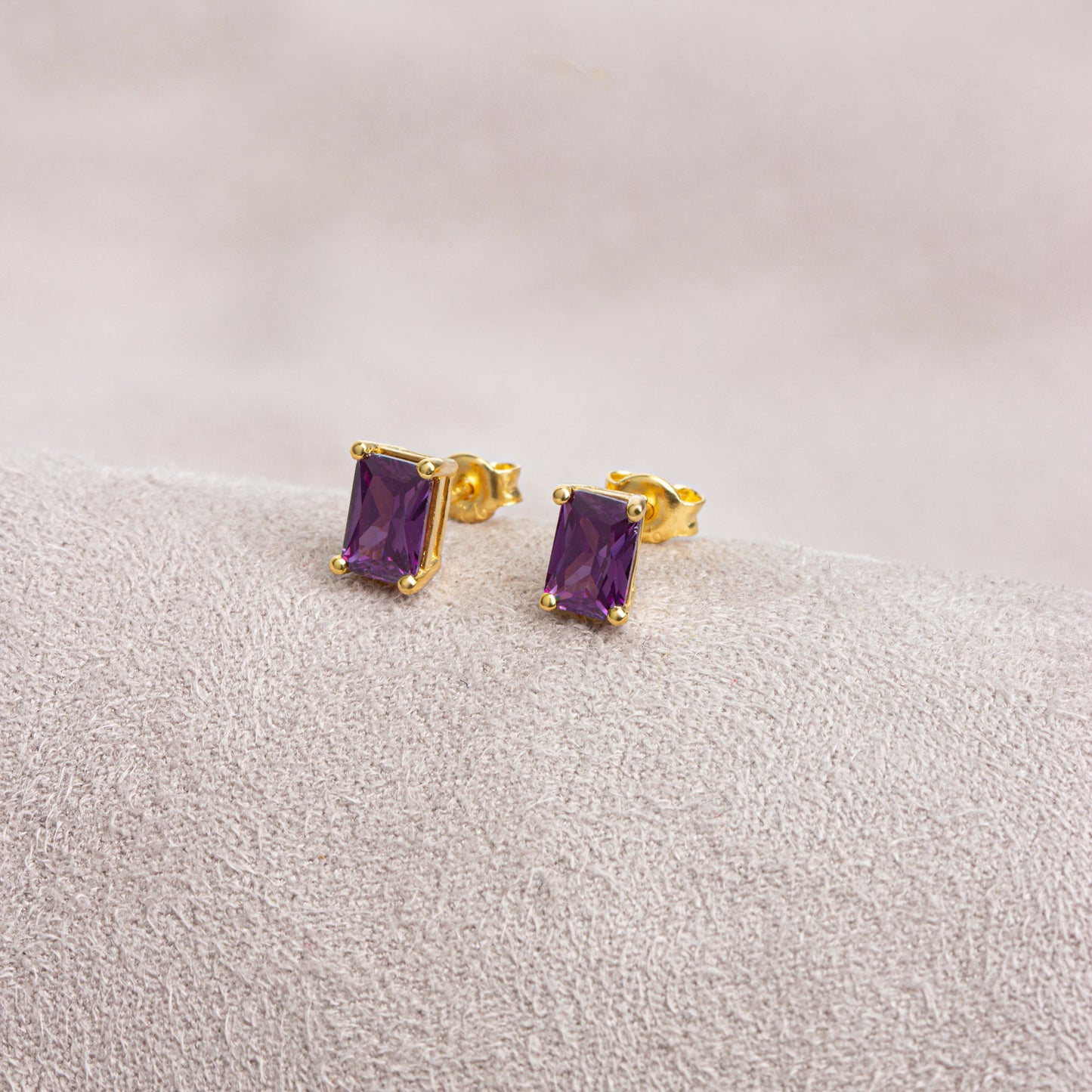 Amethyst Rectangle Stud Earring in 10K/14K Solid Gold, February Birthstone