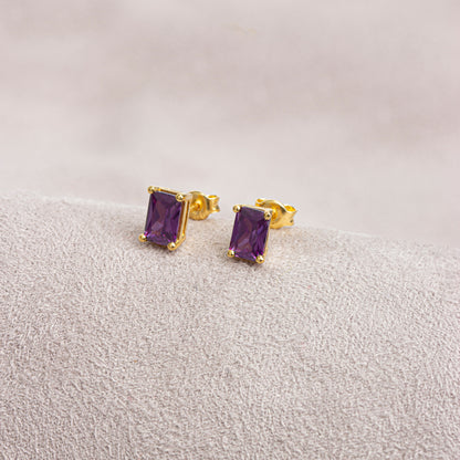 Amethyst Rectangle Stud Earring in 10K/14K Solid Gold, February Birthstone