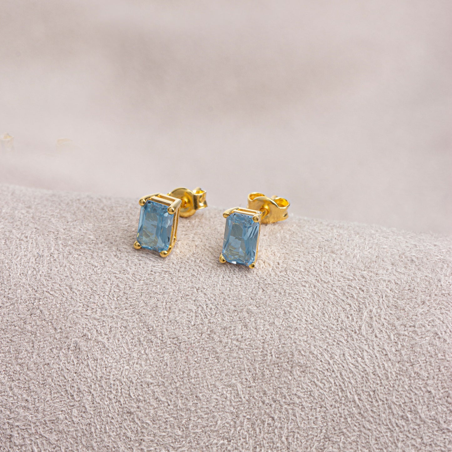 Aquamarine Rectangle Stud Earring in 10K/14K Solid Gold, March Birthstone