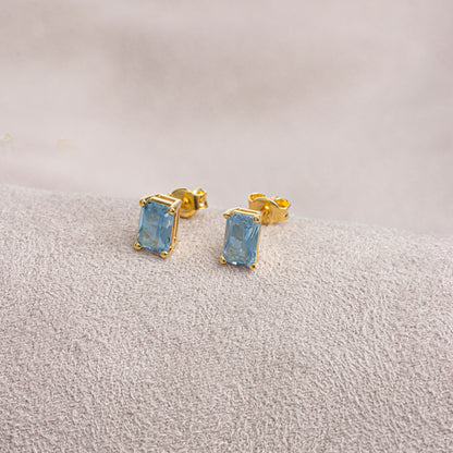 Aquamarine Rectangle Stud Earring in 10K/14K Solid Gold, March Birthstone
