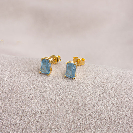 Aquamarine Rectangle Stud Earring in 10K/14K Solid Gold, March Birthstone