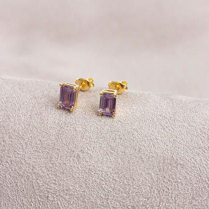 Alexandrite Rectangle Stud Earring in 10K/14K Solid Gold, June Birthstone