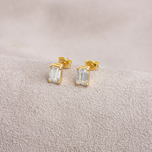 White Topaz Rectangle Stud Earring in 10K/14K Solid Gold, April Birthstone