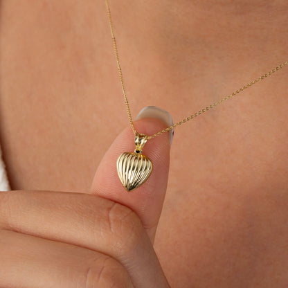 Ribbed Heart Necklace 14K Solid Gold Pendant