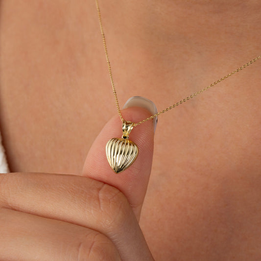 Ribbed Heart Necklace 14K Solid Gold Pendant