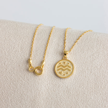 Aquarius Zodiac Sign 14K Solid Gold Necklace, Minimalist Horoscope Symbol Pendant Queen Jewelry Necklace