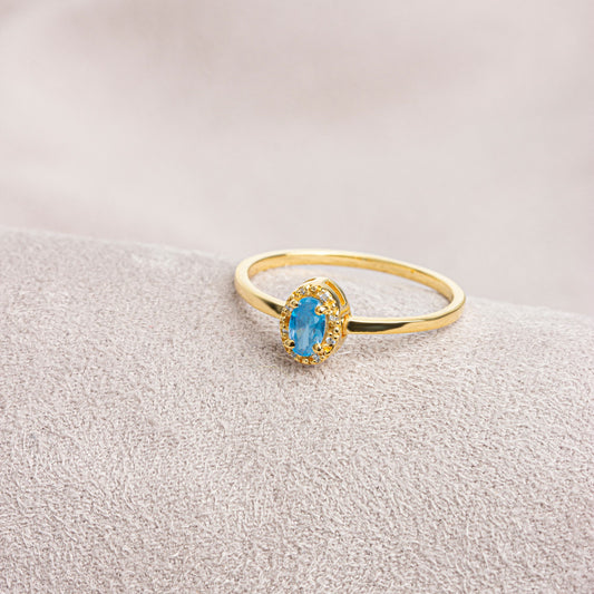 Blue Topaz Oval Ring in 14K Solid Gold with Real Diamonds, December Birthstone