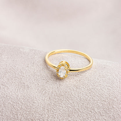 White Topaz Oval Ring in 14K Solid Gold with Real Diamonds, April Birthstone