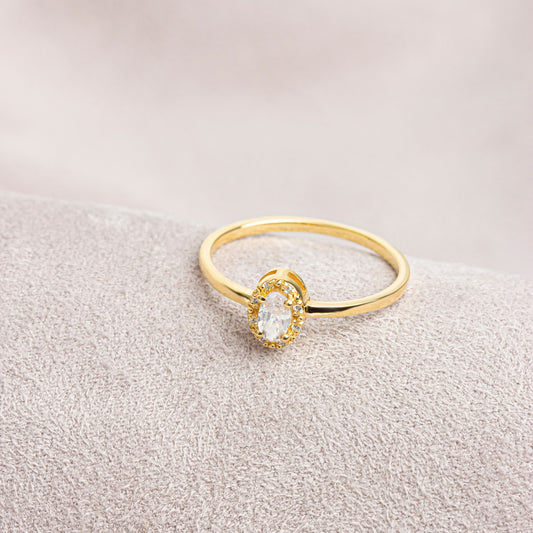 White Topaz Oval Ring in 14K Solid Gold with Real Diamonds, April Birthstone