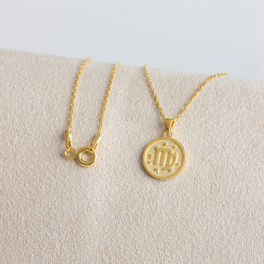 Virgo Zodiac Sign 14K Solid Gold Necklace, Minimalist Horoscope Symbol Pendant Queen Jewelry Necklace