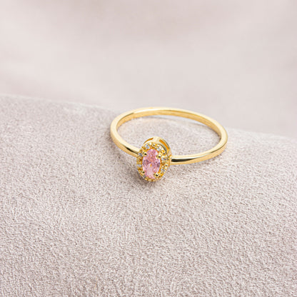 Pink Tourmaline Oval Ring in 14K Solid Gold with Real Diamonds, October Birthstone