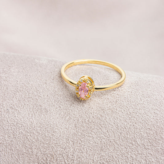 Pink Tourmaline Oval Ring in 14K Solid Gold with Real Diamonds, October Birthstone