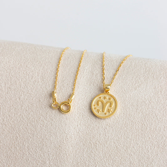 Aries Zodiac Sign 14K Solid Gold Necklace, Minimalist Horoscope Symbol Pendant Queen Jewelry Necklace