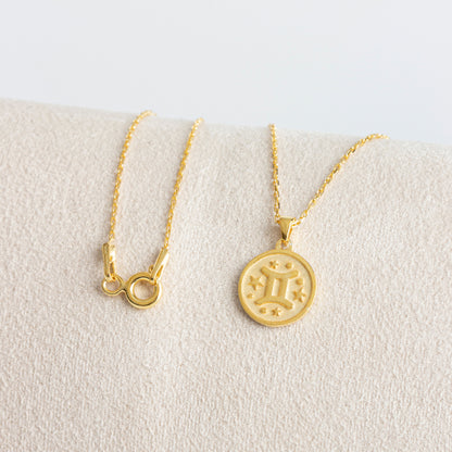 Gemini Zodiac Sign 14K Solid Gold Necklace, Minimalist Horoscope Symbol Pendant Queen Jewelry Necklace