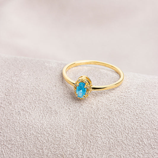 Aquamarine Oval Ring in 14K Solid Gold with Real Diamonds, March Birthstone