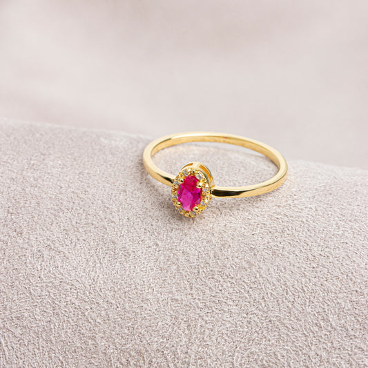 Ruby Oval Ring in 14K Solid Gold with Real Diamonds, July Birthstone