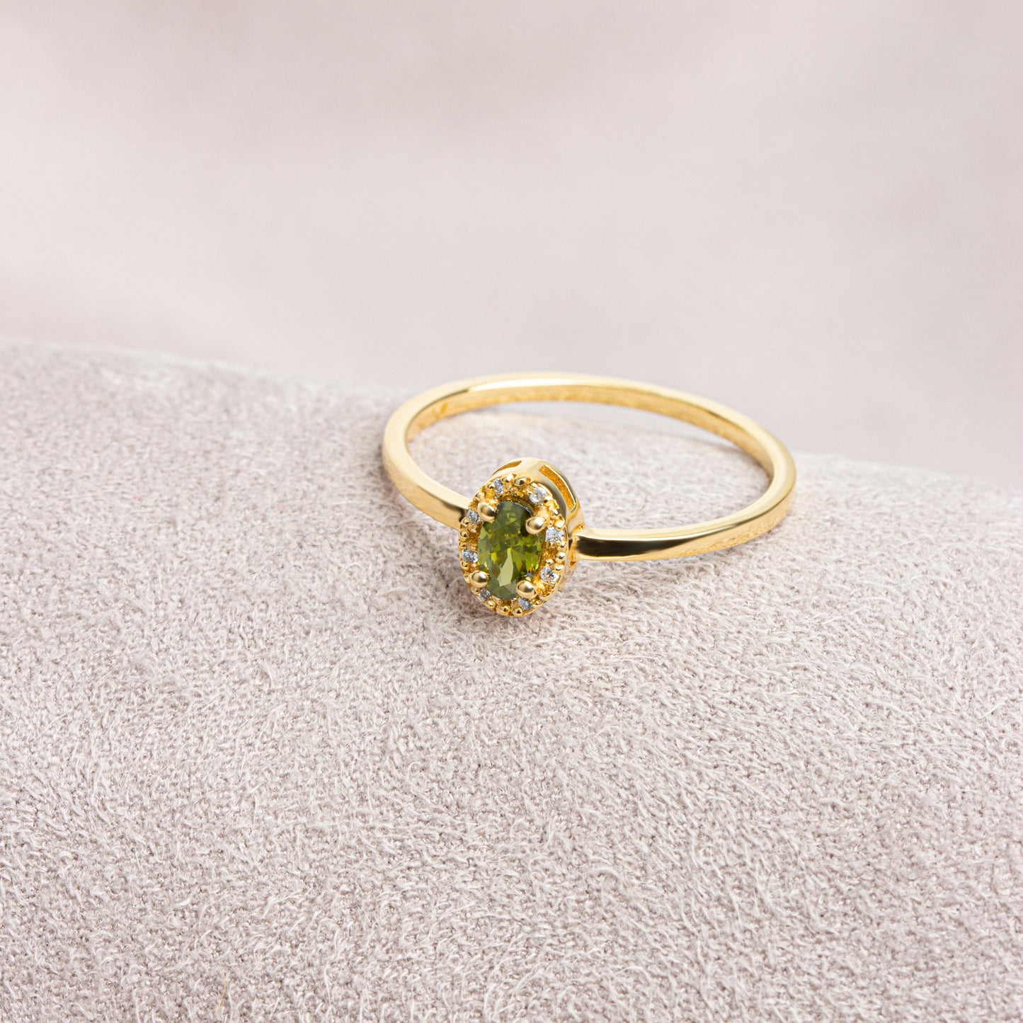 Peridot Oval Ring in 14K Solid Gold with Real Diamonds, August Birthstone