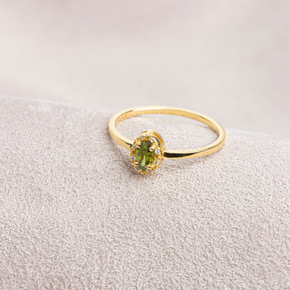 Peridot Oval Ring in 14K Solid Gold with Real Diamonds, August Birthstone