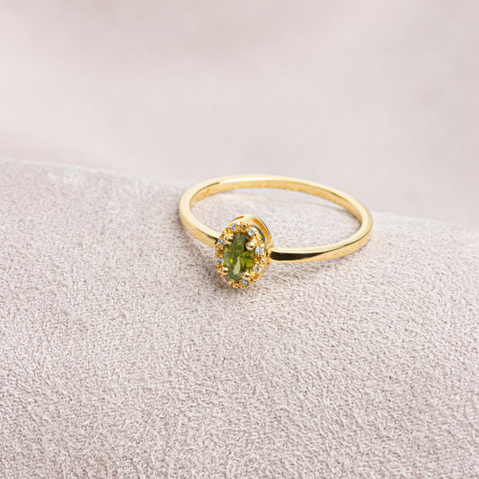 Peridot Oval Ring in 14K Solid Gold with Real Diamonds, August Birthstone