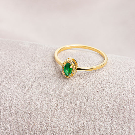 Emerald Oval Ring in 14K Solid Gold with Real Diamonds, May Birthstone