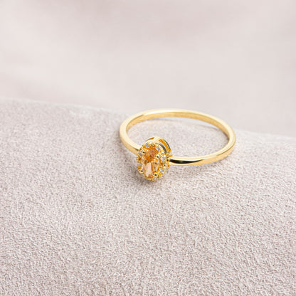 Citrine Oval Ring in 14K Solid Gold with Real Diamonds, November Birthstone