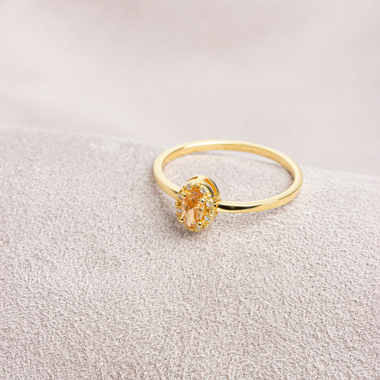 Citrine Oval Ring in 14K Solid Gold with Real Diamonds, November Birthstone