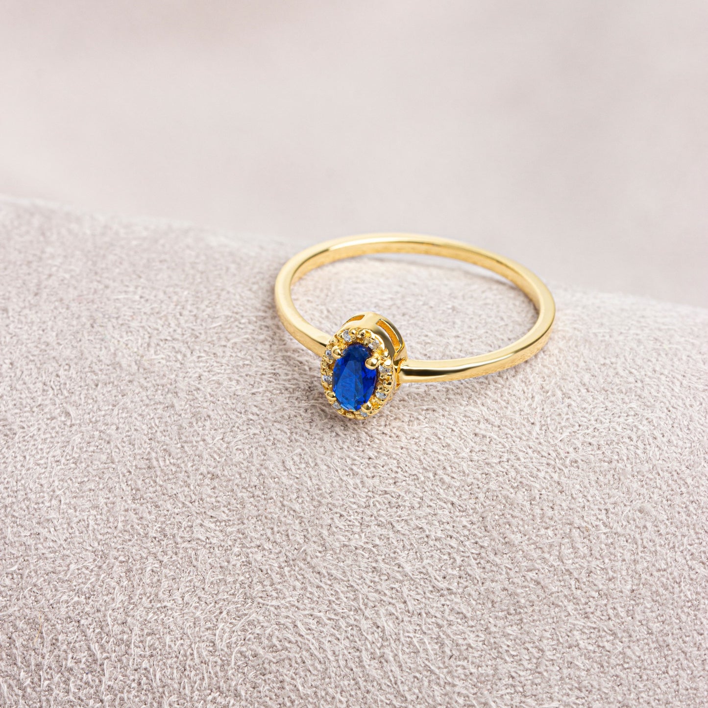 Sapphire Oval Ring in 14K Solid Gold with Real Diamonds, September Birthstone