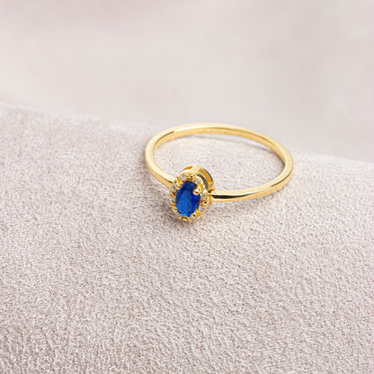 Sapphire Oval Ring in 14K Solid Gold with Real Diamonds, September Birthstone