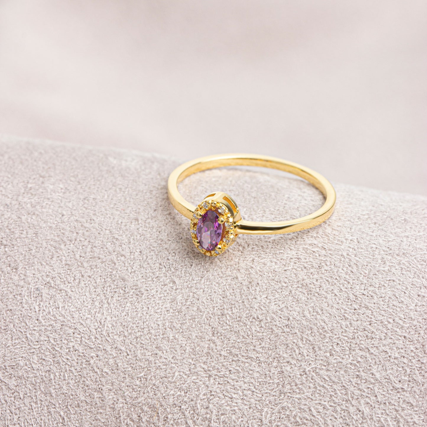 Amethyst Oval Ring in 14K Solid Gold with Real Diamonds, February Birthstone