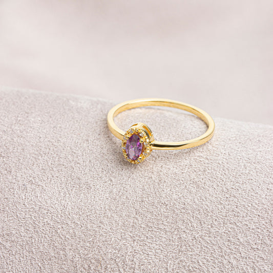 Amethyst Oval Ring in 14K Solid Gold with Real Diamonds, February Birthstone