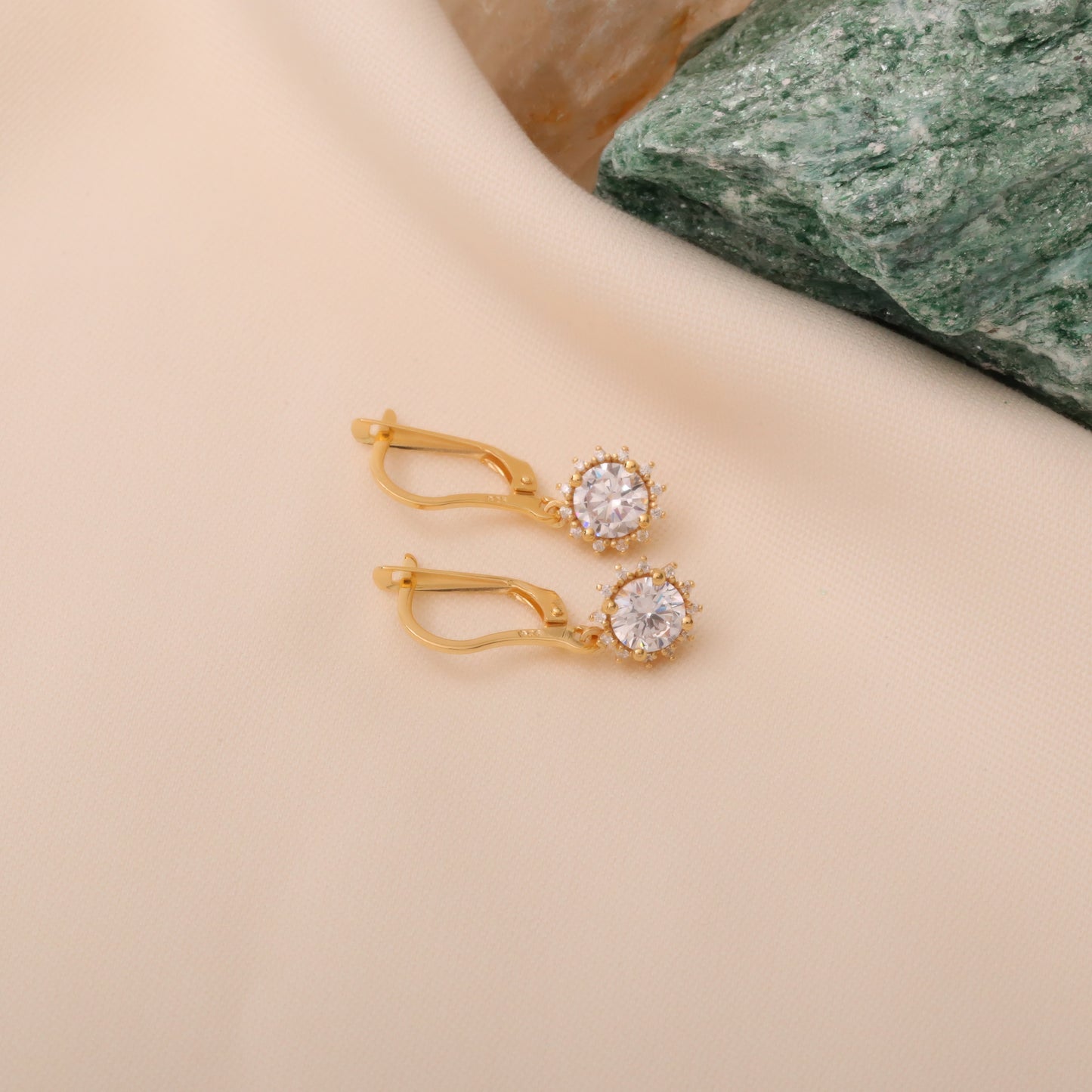 Dangle White Topaz Round Earring Surrounded by Real Diamonds 8K/10K/14K Solid Gold, April Birthstone