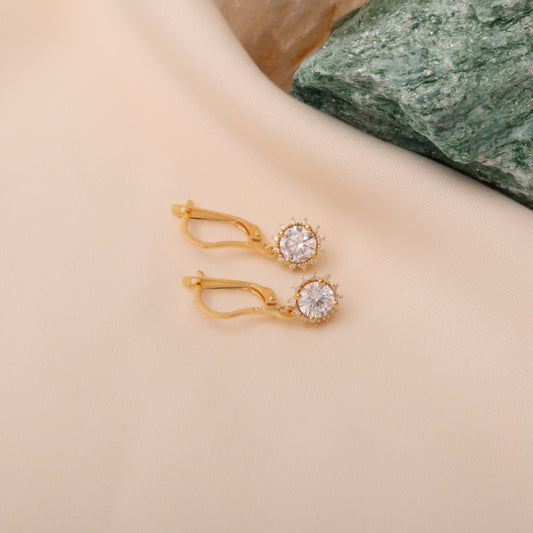 Dangle White Topaz Round Earring Surrounded by Real Diamonds 8K/10K/14K Solid Gold, April Birthstone