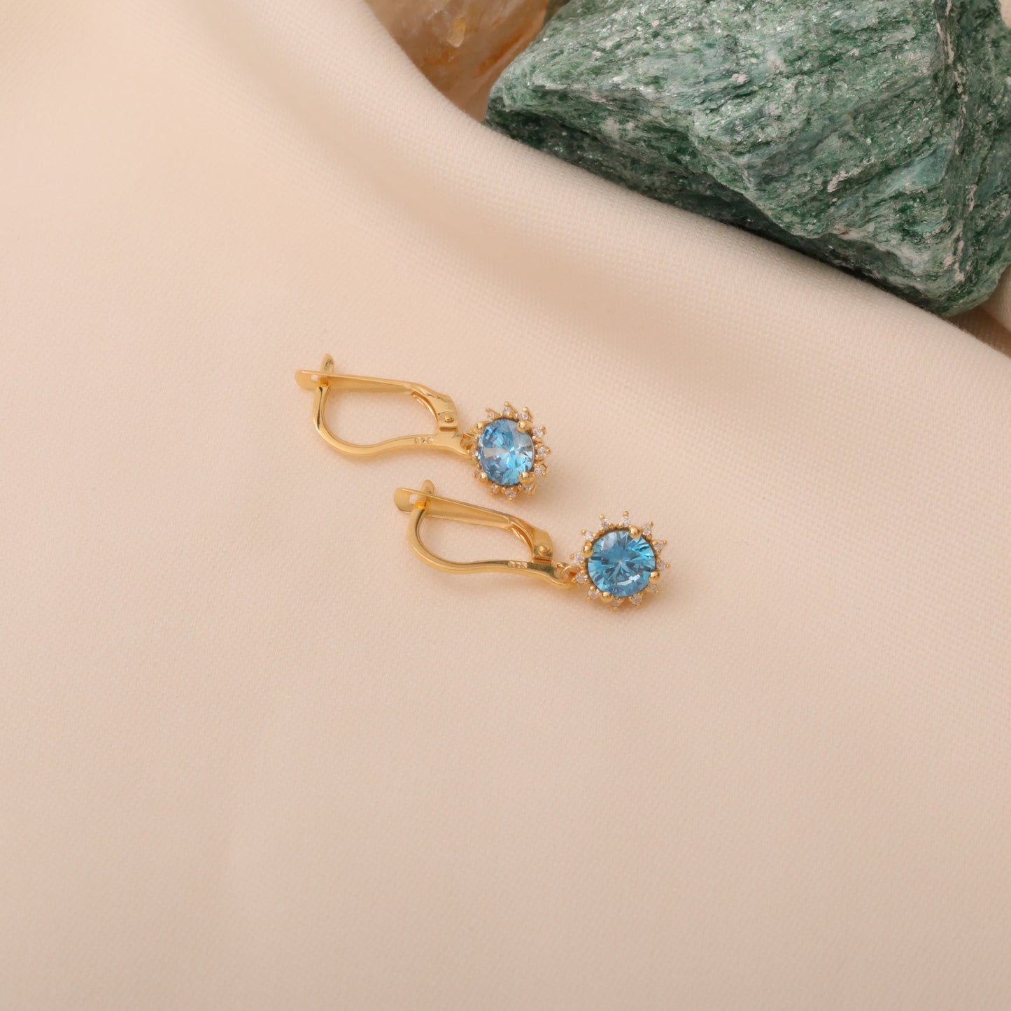 Dangle Blue Topaz Round Earring Surrounded by Real Diamonds 8K/10K/14K Solid Gold, December Birthstone