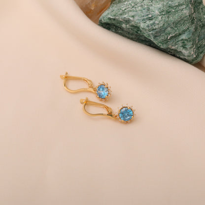 Dangle Blue Topaz Round Earring Surrounded by Real Diamonds 8K/10K/14K Solid Gold, December Birthstone