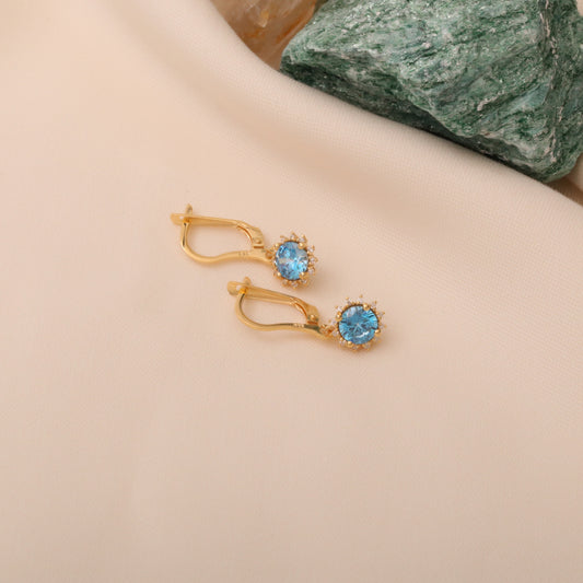 Dangle Blue Topaz Round Earring Surrounded by Real Diamonds 8K/10K/14K Solid Gold, December Birthstone