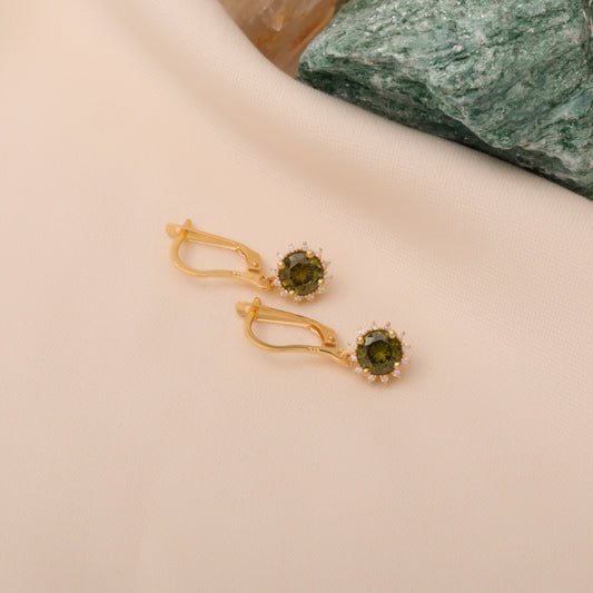 Dangle Peridot Round Earring Surrounded by Real Diamonds 8K/10K/14K Solid Gold, August Birthstone