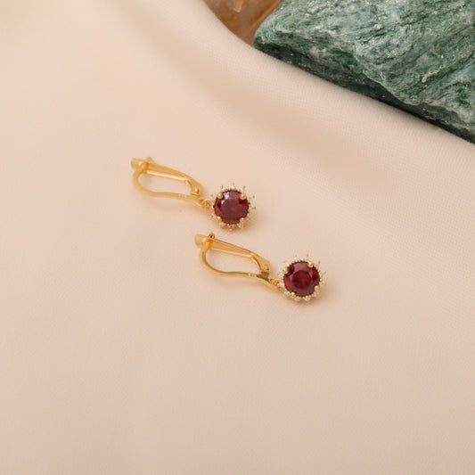 Dangle Garnet Round Earring Surrounded by Real Diamonds 8K/10K/14K Solid Gold, January Birthstone
