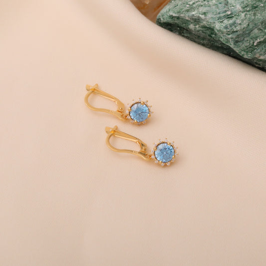 Dangle Aquamarine Round Earring Surrounded by Real Diamonds 8K/10K/14K Solid Gold, March Birthstone