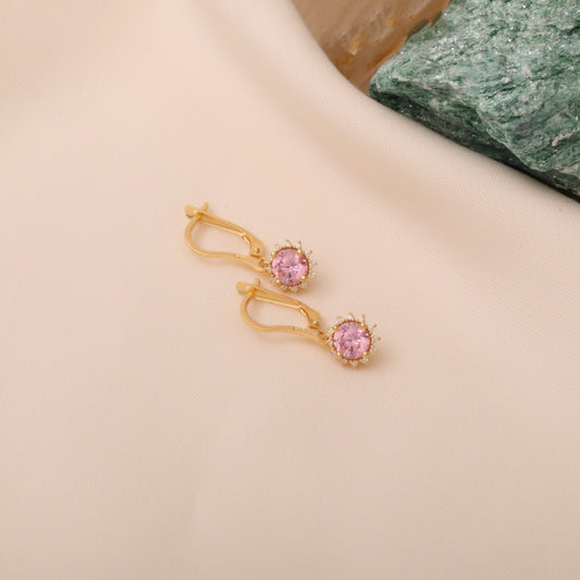 Dangle Pink Tourmaline Round Earring Surrounded by Real Diamonds 8K/10K/14K Solid Gold, October Birthstone