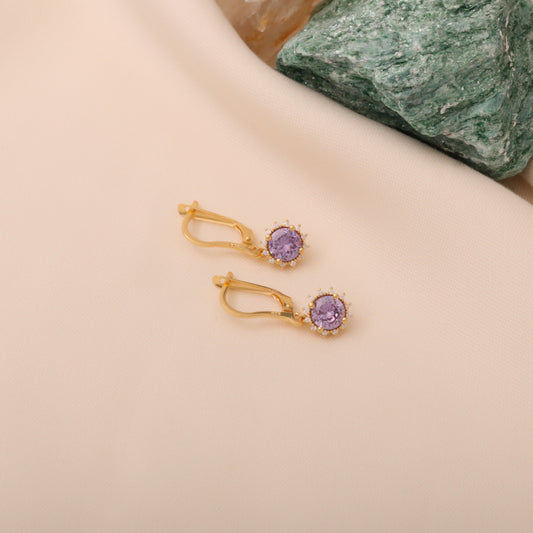 Dangle Alexandrite Round Earring Surrounded by Real Diamonds 8K/10K/14K Solid Gold, June Birthstone