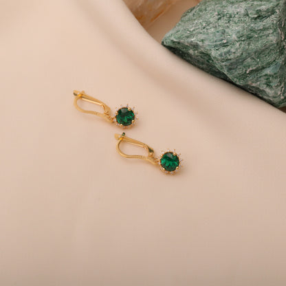 Dangle Emerald Round Earring Surrounded by Real Diamonds 8K/10K/14K Solid Gold, May Birthstone