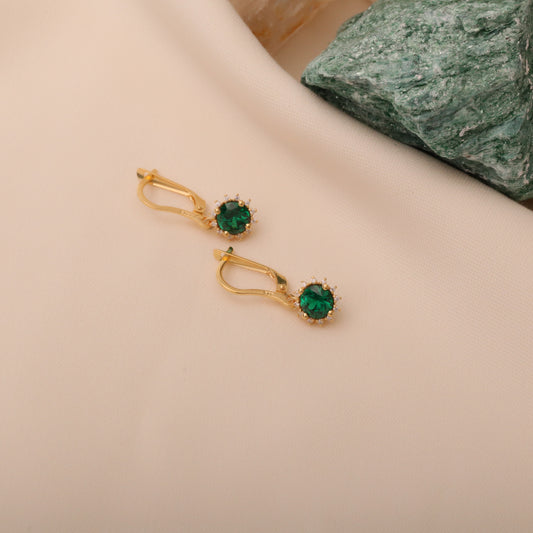 Dangle Emerald Round Earring Surrounded by Real Diamonds 8K/10K/14K Solid Gold, May Birthstone