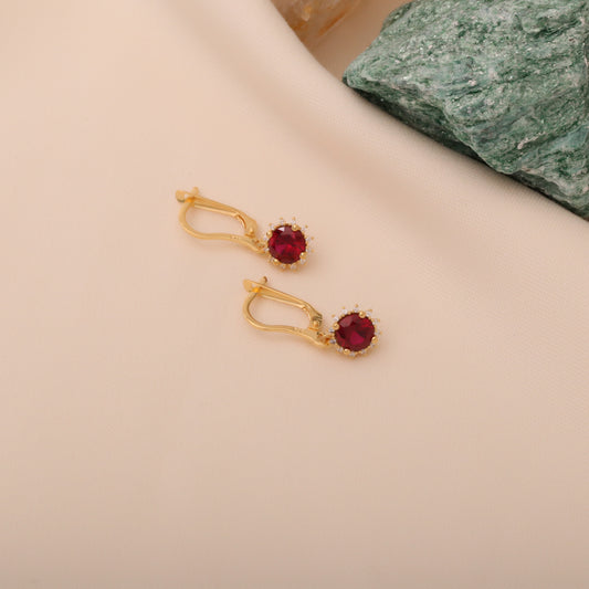 Dangle Ruby Round Earring Surrounded by Real Diamonds 8K/10K/14K Solid Gold, July Birthstone