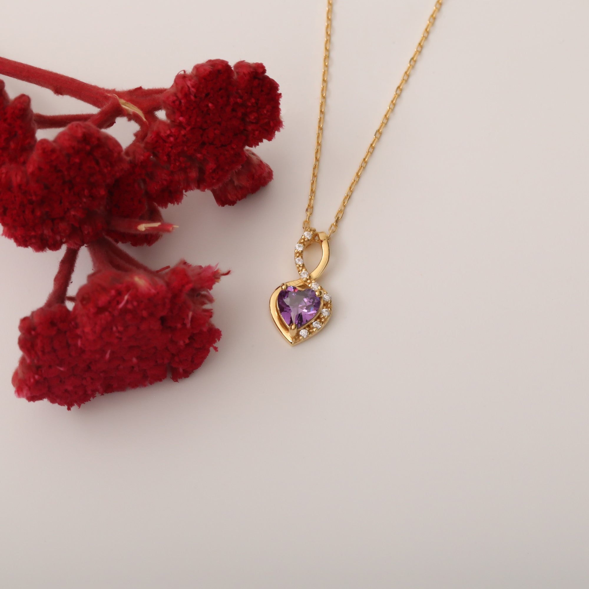 Amethyst Infinity Heart Necklace in 14K Solid Gold with Real Diamonds | February Birthstone Queen Jewelry Necklace