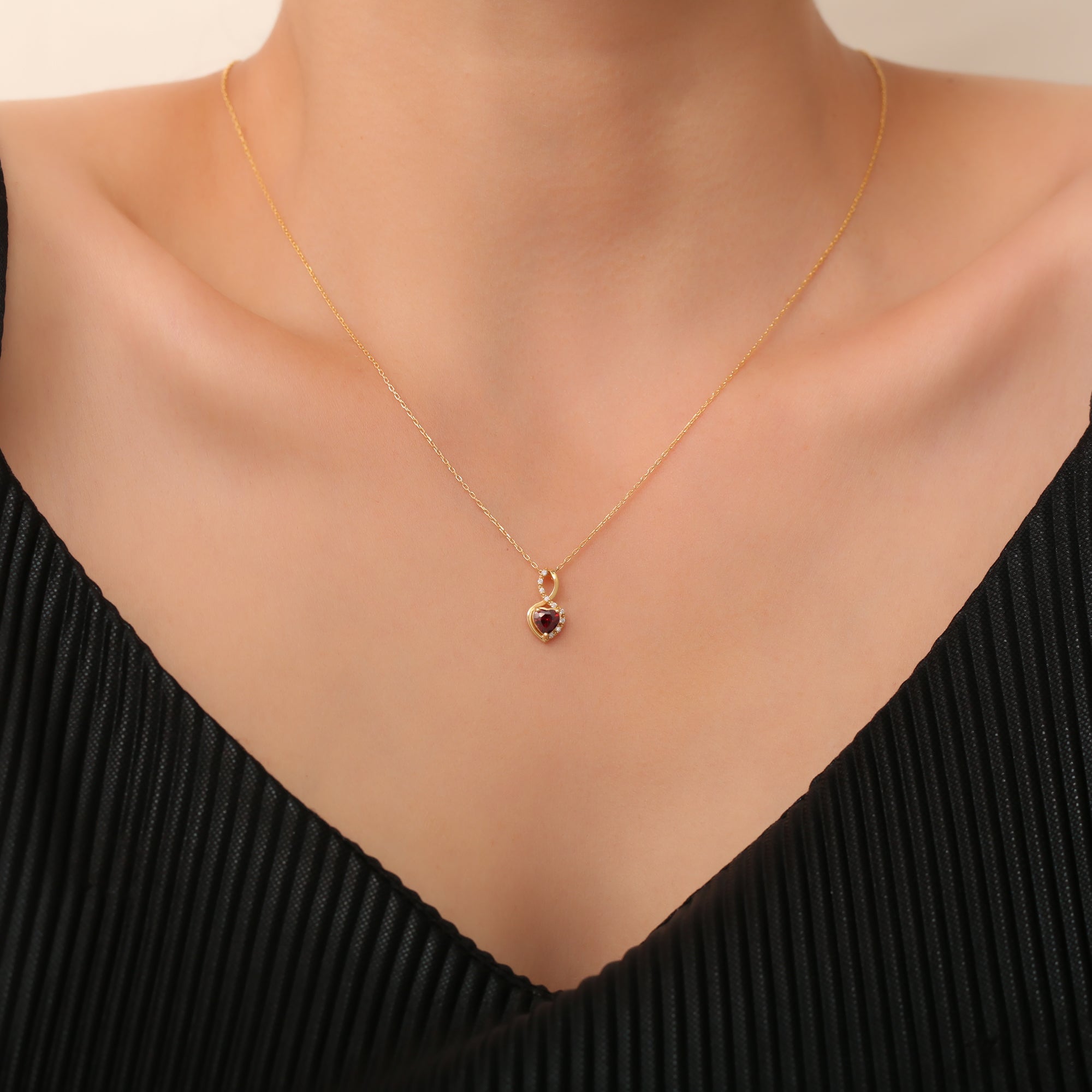 Garnet Infinity Heart Necklace in 14K Solid Gold with Real Diamonds | January Birthstone Queen Jewelry Necklace